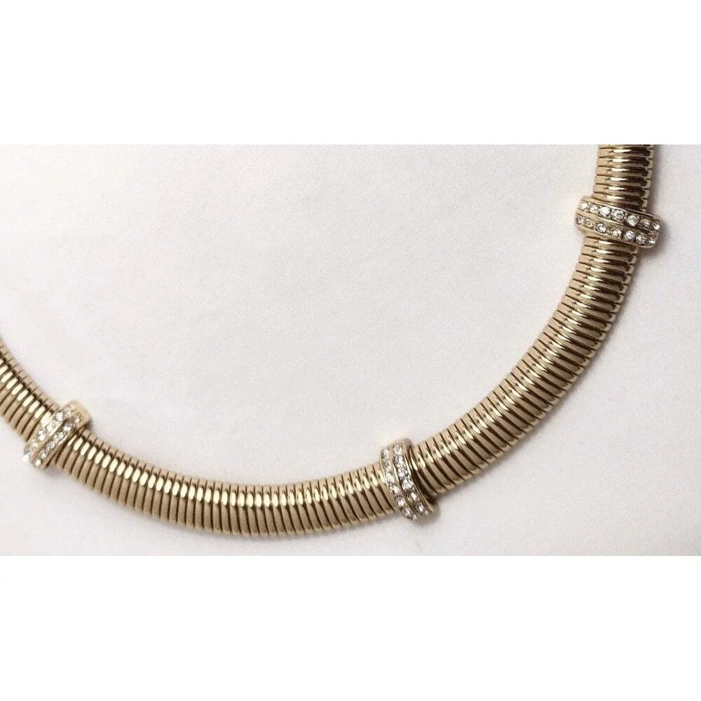 Vintage Omega Coil Gold tone Rhinestone Statement Necklace